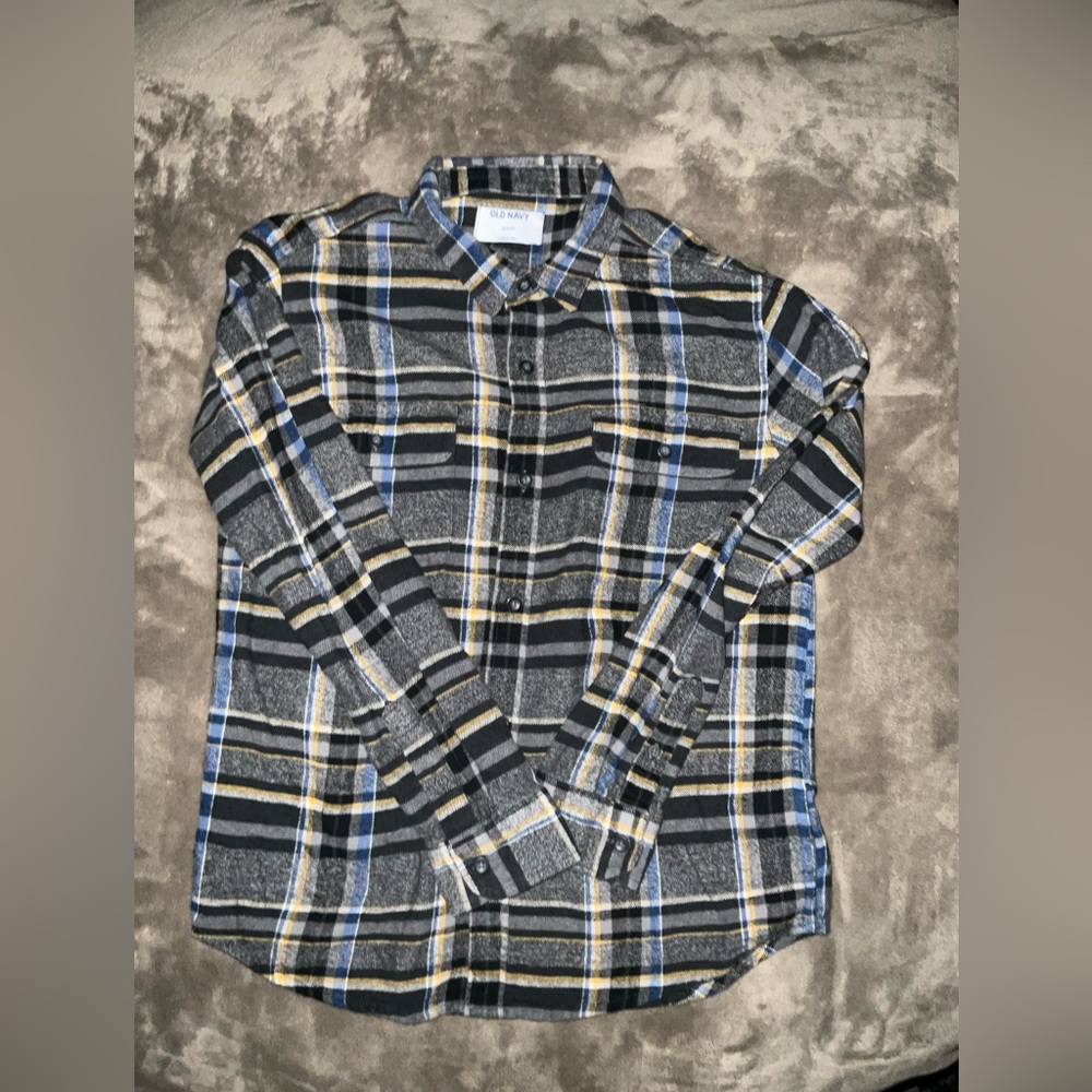 Old Navy Boys XL 14-16 Blue Gray‎ Plaid Flannel Utility Pocket Shirt 🍁 🍂